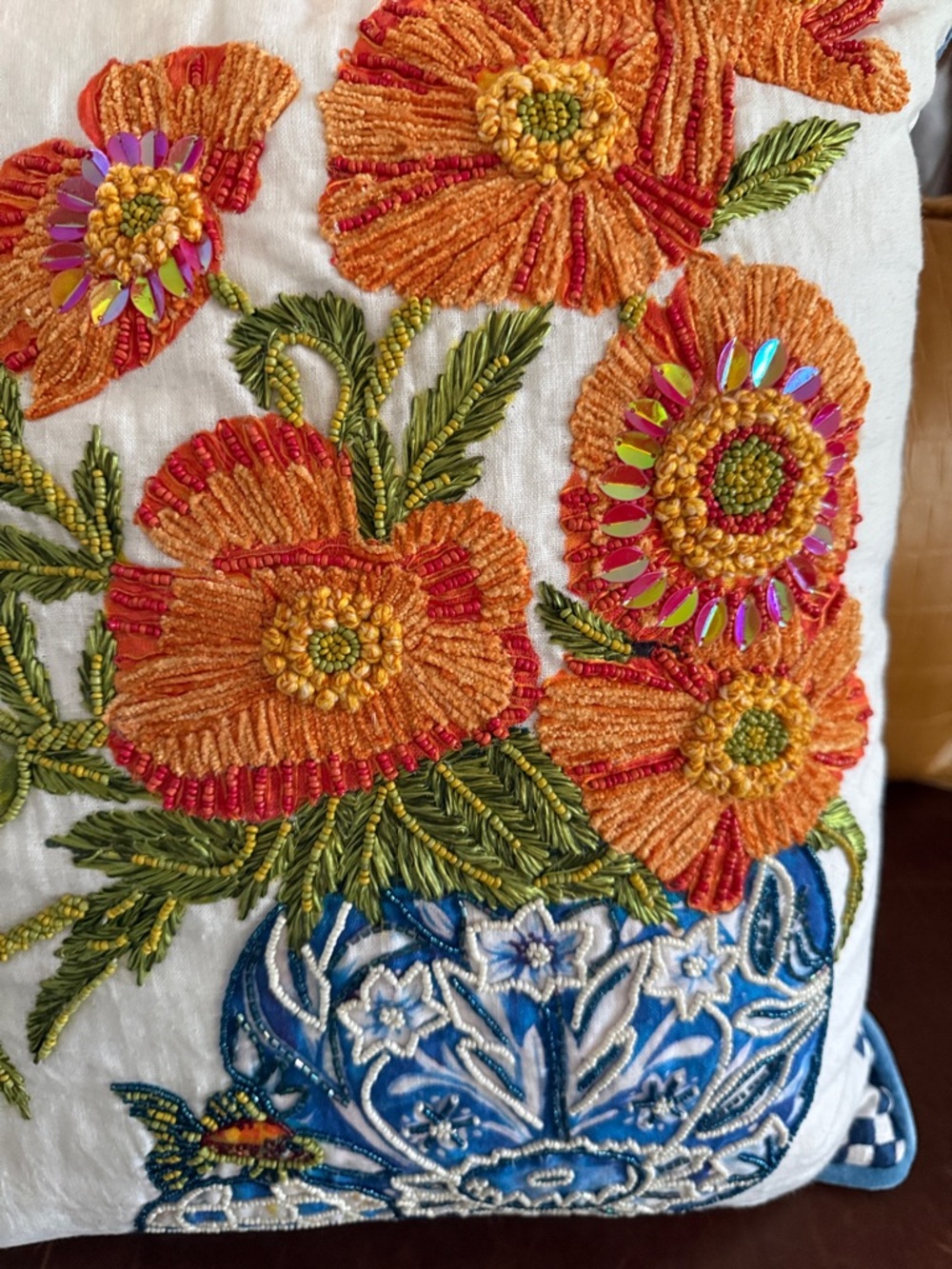 MacKenzie-Childs Blue check, Orange Floral Embroidered beaded Pillow Pair - Picture 4 of 10